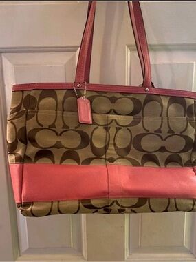 Coach Brown Signature Canvas Tote with Pink Trim